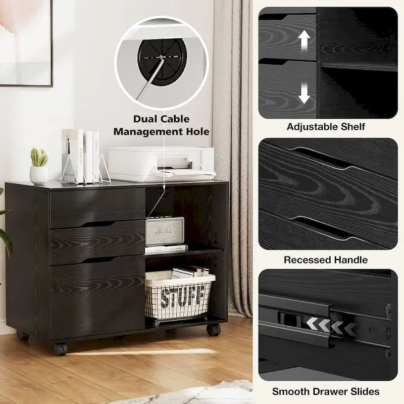Meuble de rangement mobile rustique marron/noir/blanc avec 3 tiroirs et 2 étagères ouvertes – Utilisateur unique