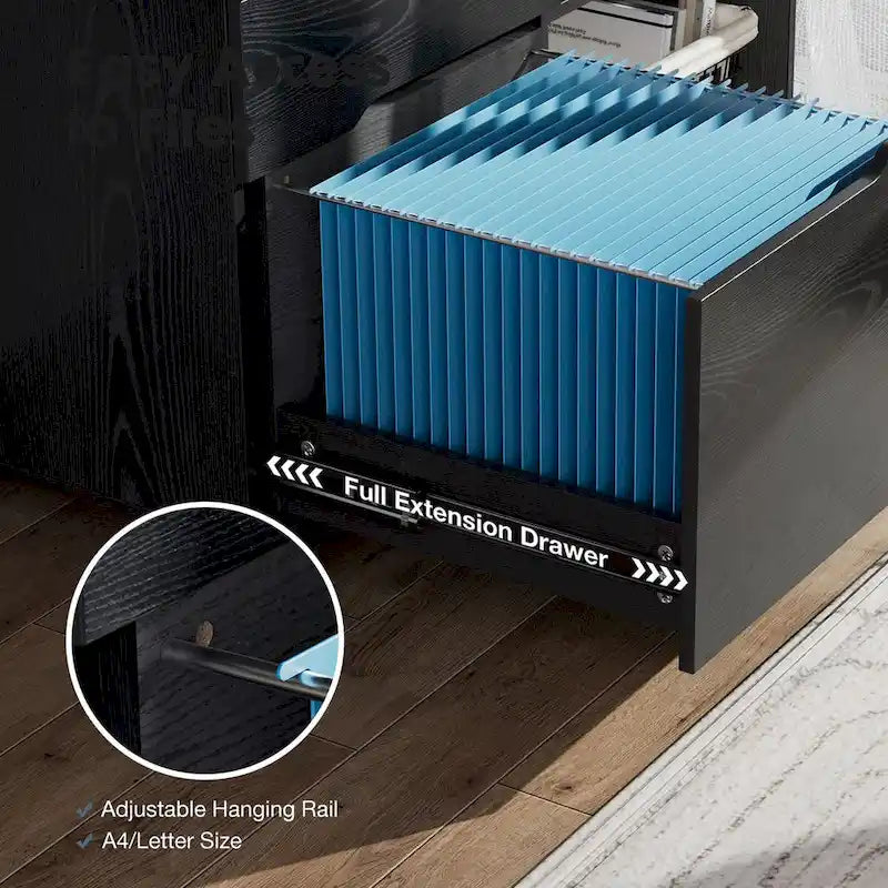 Meuble de rangement mobile rustique marron/noir/blanc avec 3 tiroirs et 2 étagères ouvertes – Utilisateur unique