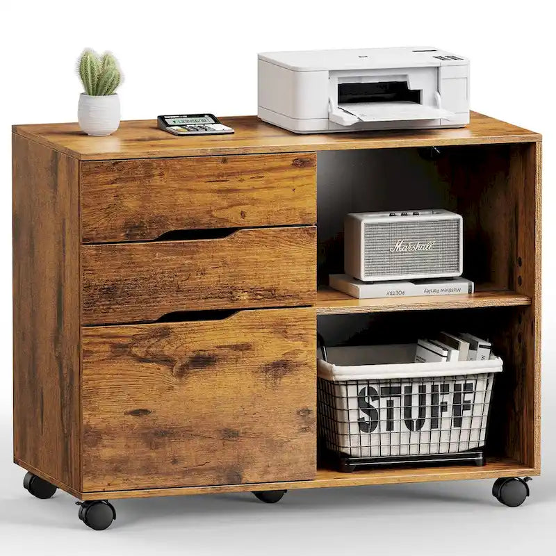Meuble de rangement mobile rustique marron/noir/blanc avec 3 tiroirs et 2 étagères ouvertes – Utilisateur unique