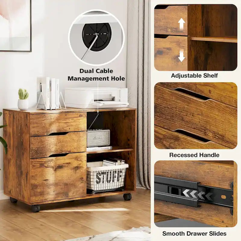 Meuble de rangement mobile rustique marron/noir/blanc avec 3 tiroirs et 2 étagères ouvertes – Utilisateur unique