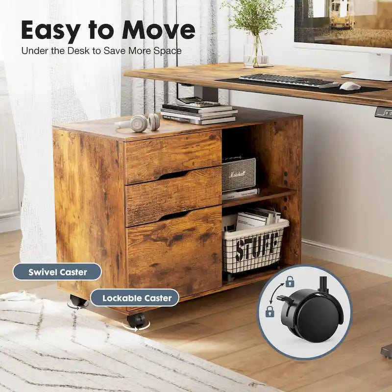 Meuble de rangement mobile rustique marron/noir/blanc avec 3 tiroirs et 2 étagères ouvertes – Utilisateur unique