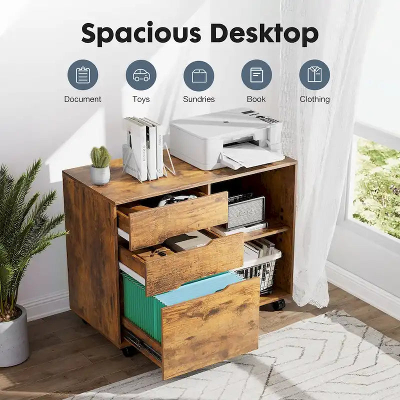 Meuble de rangement mobile rustique marron/noir/blanc avec 3 tiroirs et 2 étagères ouvertes – Utilisateur unique