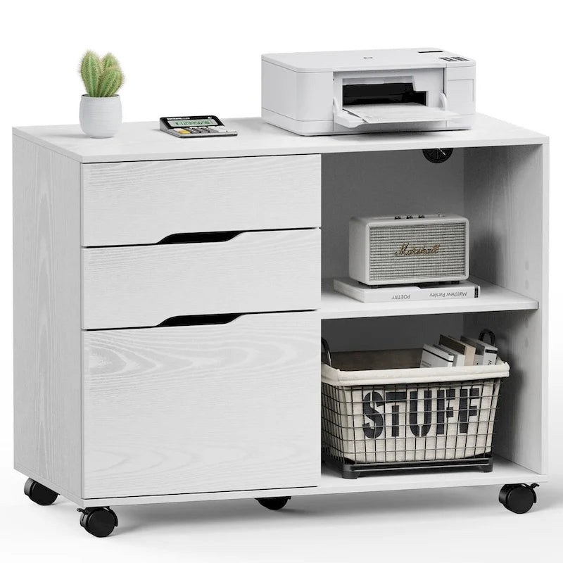Meuble de rangement mobile rustique marron/noir/blanc avec 3 tiroirs et 2 étagères ouvertes – Utilisateur unique