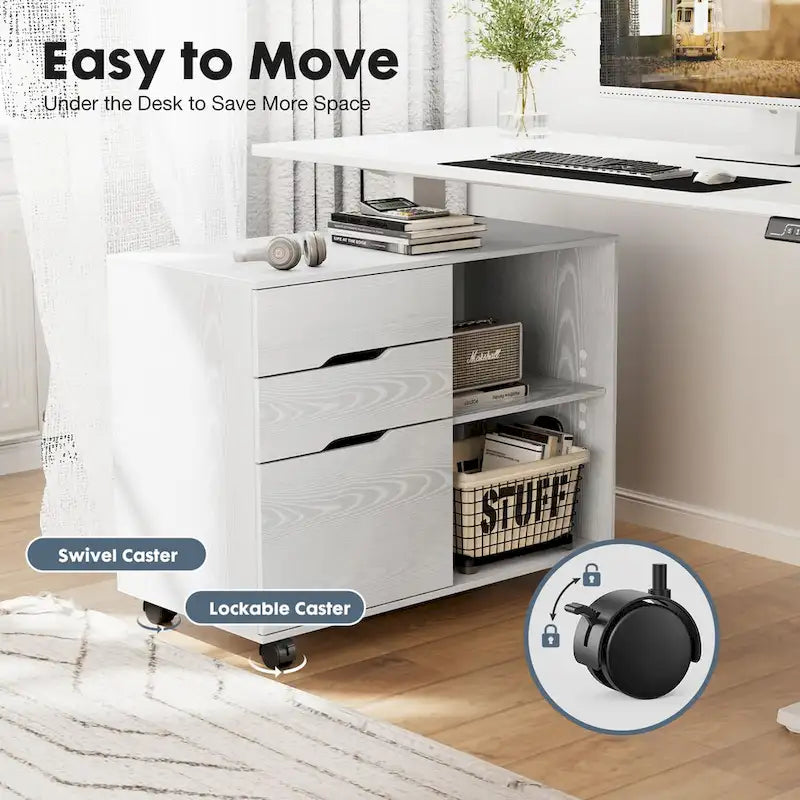 Meuble de rangement mobile rustique marron/noir/blanc avec 3 tiroirs et 2 étagères ouvertes – Utilisateur unique