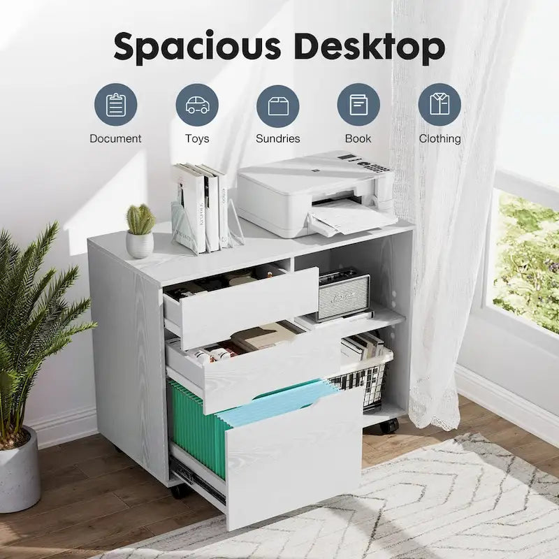 Meuble de rangement mobile rustique marron/noir/blanc avec 3 tiroirs et 2 étagères ouvertes – Utilisateur unique