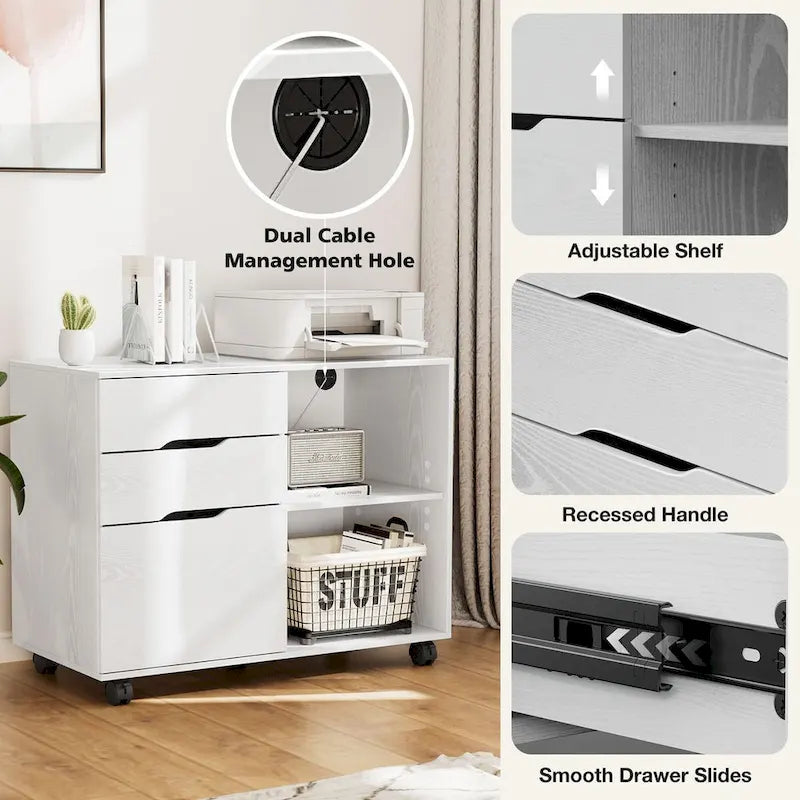 Meuble de rangement mobile rustique marron/noir/blanc avec 3 tiroirs et 2 étagères ouvertes – Utilisateur unique