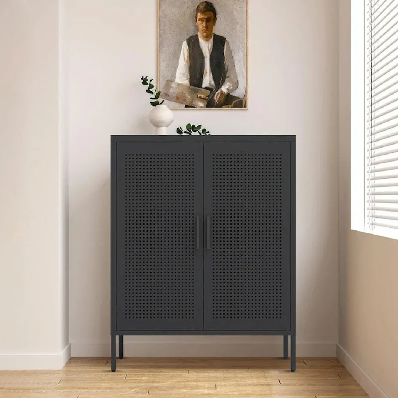 Armoire de rangement verrouillable en acier noir et blanc, 2 portes, 2 étagères, 1 personne