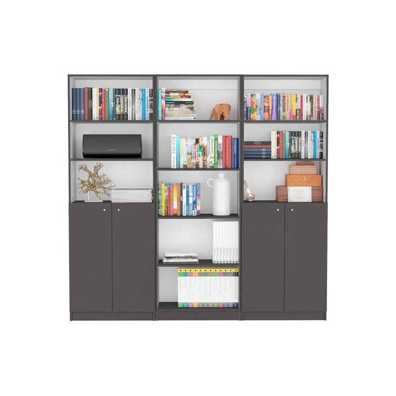 Bibliothèque à double armoire à 5 étagères de 188 cm de large, beige/multicolore/noir/blanc, lot de 3