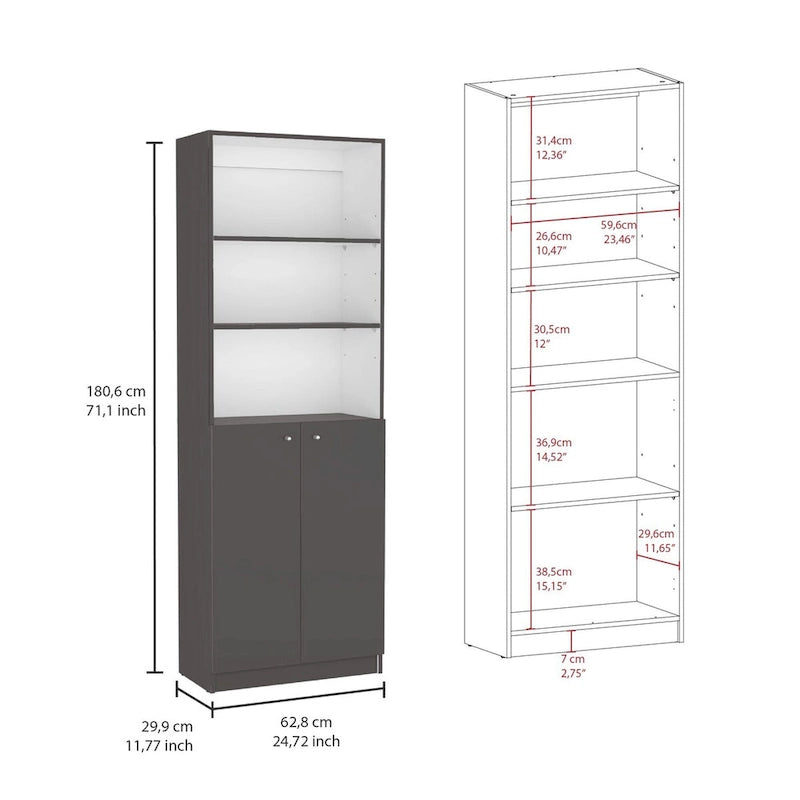 Bibliothèque à double armoire à 5 étagères de 188 cm de large, beige/multicolore/noir/blanc, lot de 3