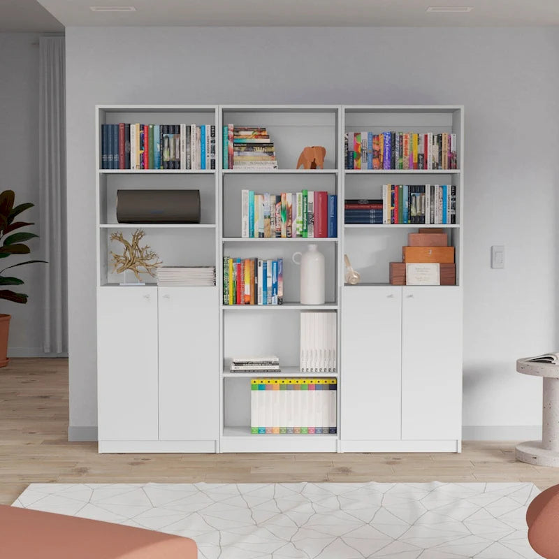 Bibliothèque à double armoire à 5 étagères de 188 cm de large, beige/multicolore/noir/blanc, lot de 3