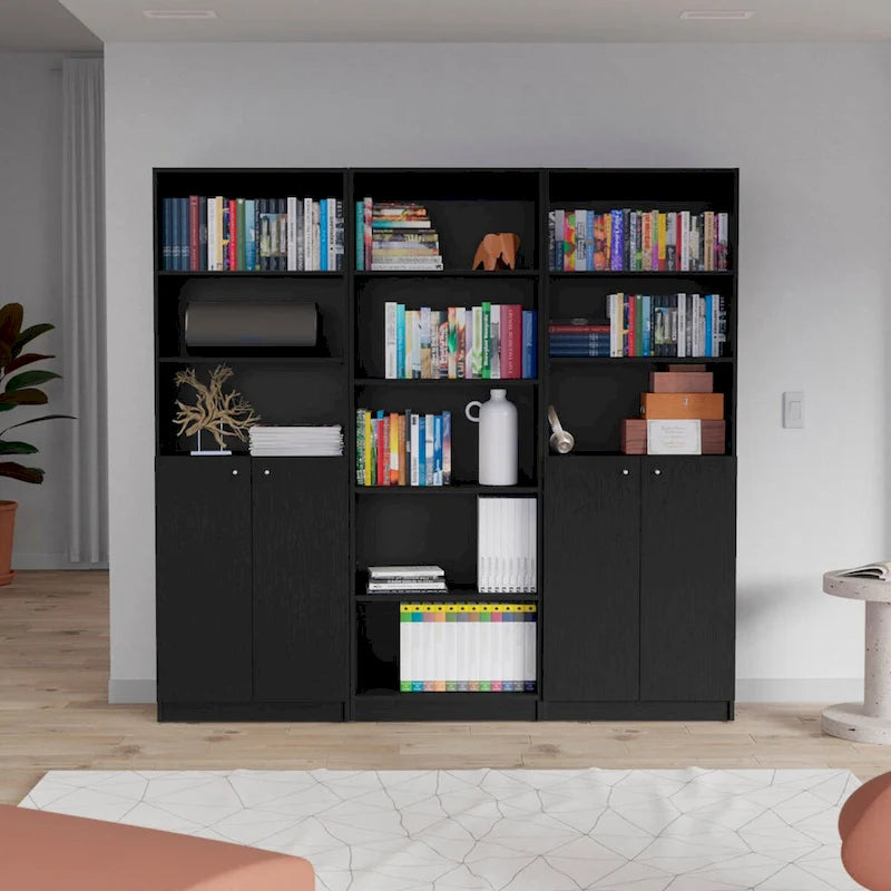 Bibliothèque à double armoire à 5 étagères de 188 cm de large, beige/multicolore/noir/blanc, lot de 3