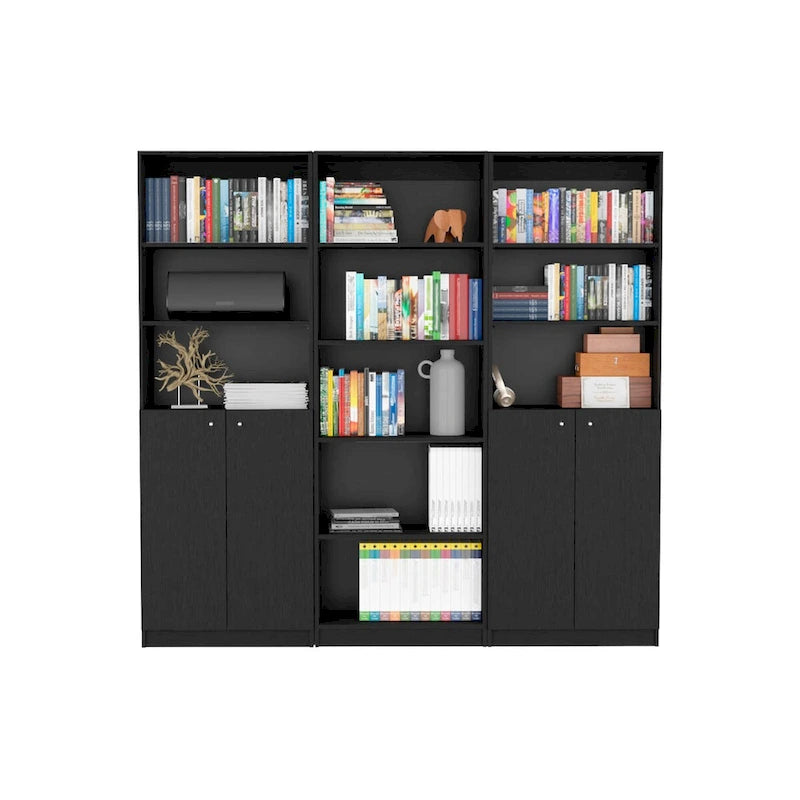 Bibliothèque à double armoire à 5 étagères de 188 cm de large, beige/multicolore/noir/blanc, lot de 3