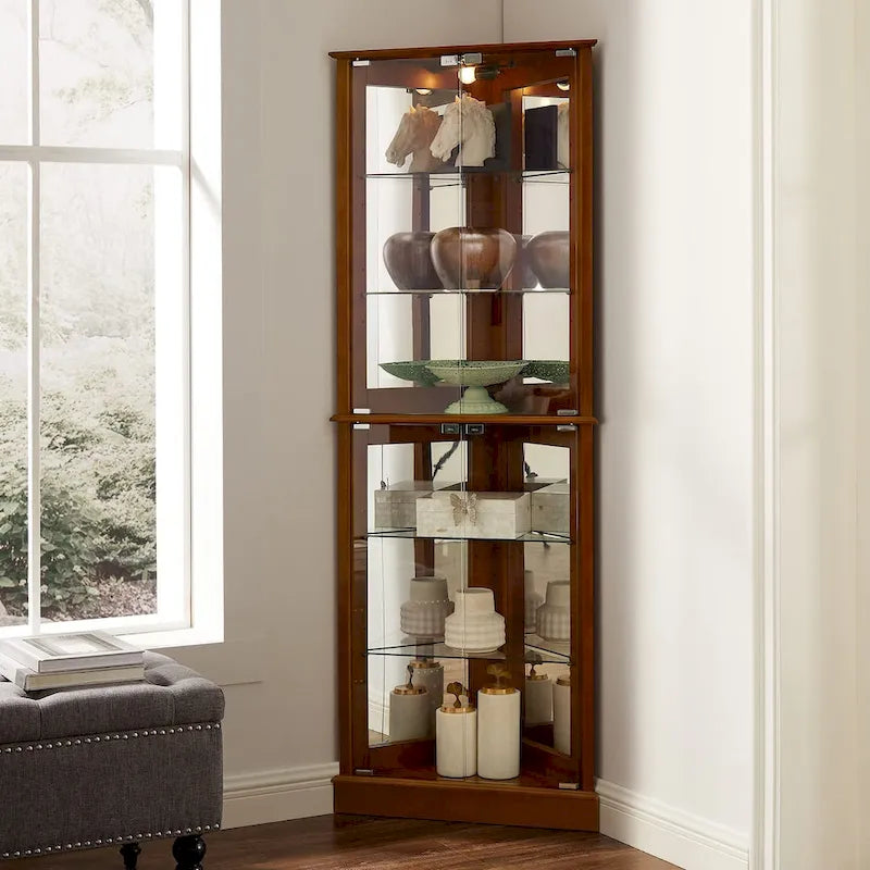 Vitrine d'angle avec lumières et portes en verre, marron/cerise, montage à deux personnes