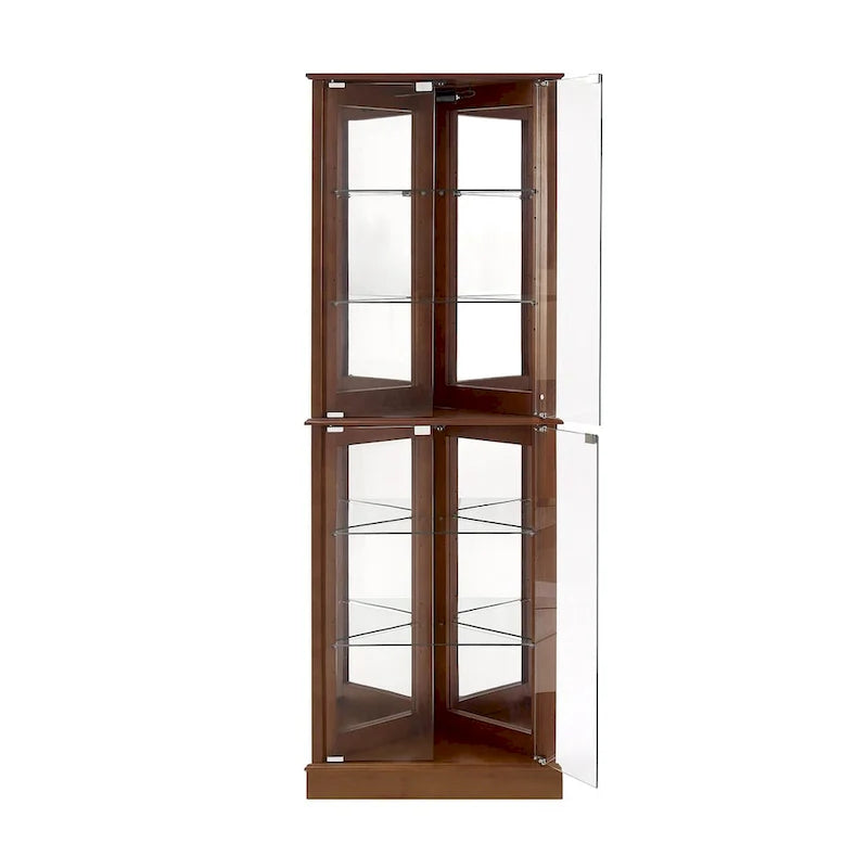 Vitrine d'angle avec lumières et portes en verre, marron/cerise, montage à deux personnes