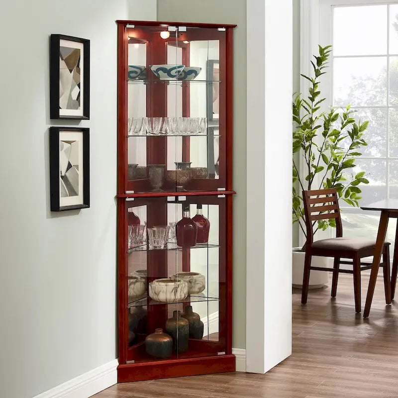 Vitrine d'angle avec lumières et portes en verre, marron/cerise, montage à deux personnes