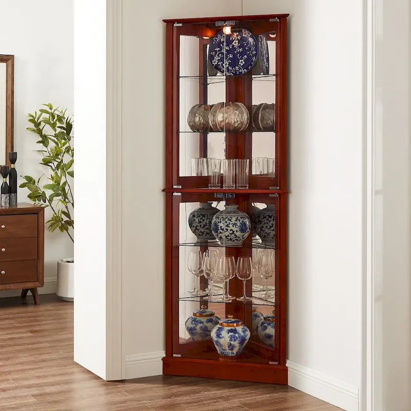 Vitrine d'angle avec lumières et portes en verre, marron/cerise, montage à deux personnes