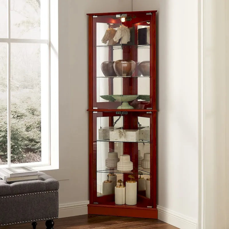 Vitrine d'angle avec lumières et portes en verre, marron/cerise, montage à deux personnes