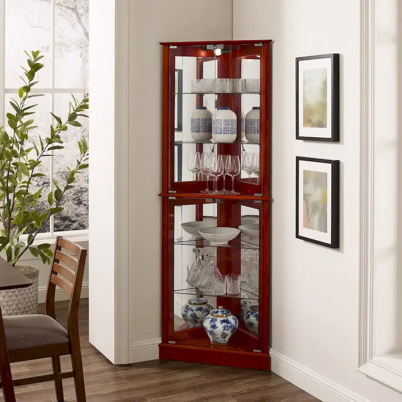 Vitrine d'angle avec lumières et portes en verre, marron/cerise, montage à deux personnes