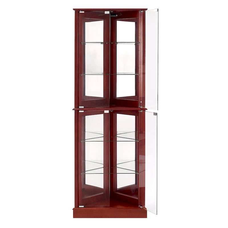 Vitrine d'angle avec lumières et portes en verre, marron/cerise, montage à deux personnes