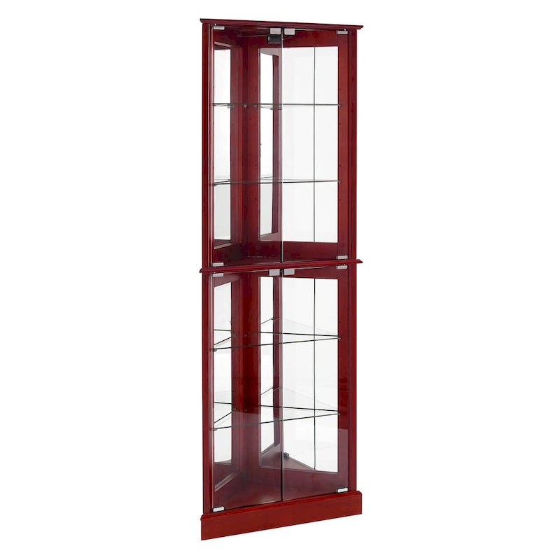 Vitrine d'angle avec lumières et portes en verre, marron/cerise, montage à deux personnes