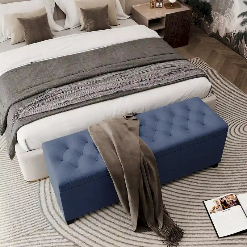 Banc de rangement ottoman capitonné bleu, avec couvercle à charnière, 1 place