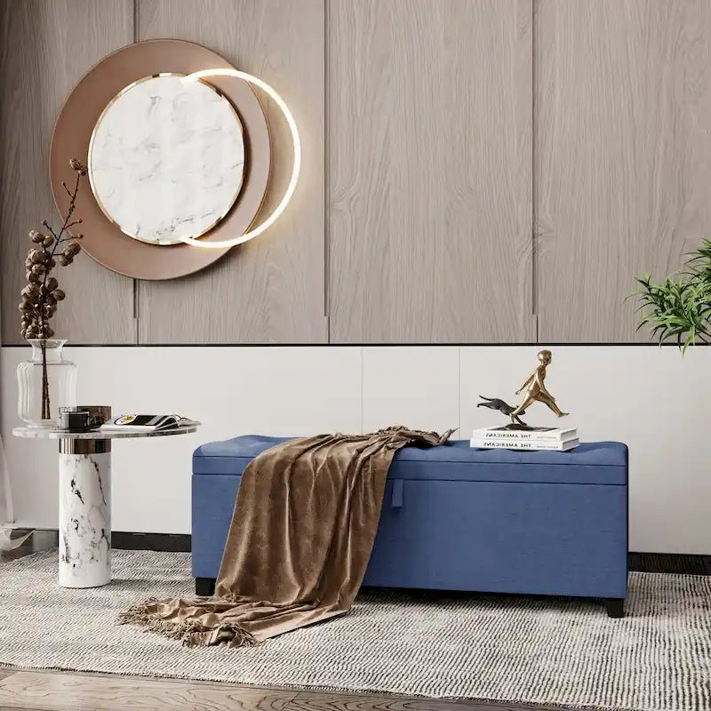 Banc de rangement ottoman capitonné bleu, avec couvercle à charnière, 1 place