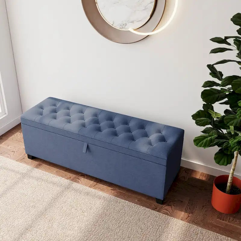 Banc de rangement ottoman capitonné bleu, avec couvercle à charnière, 1 place