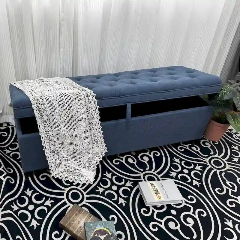 Banc de rangement ottoman capitonné bleu, avec couvercle à charnière, 1 place
