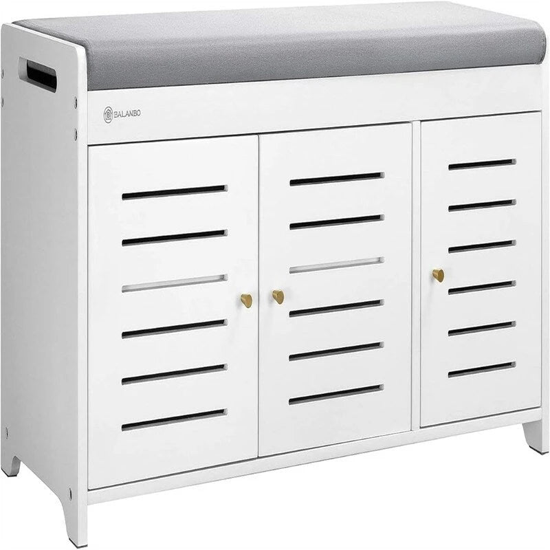 Banc à chaussures blanc/marron en bambou avec coussin – 1 à 2 places