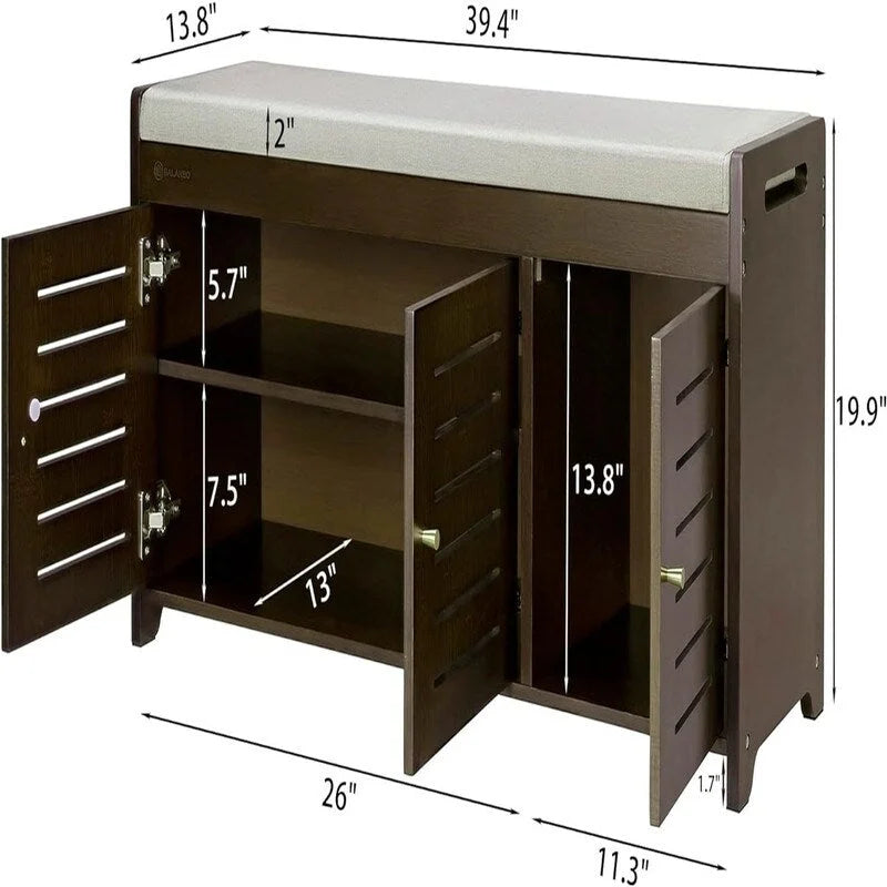 Banc à chaussures blanc/marron en bambou avec coussin – 1 à 2 places