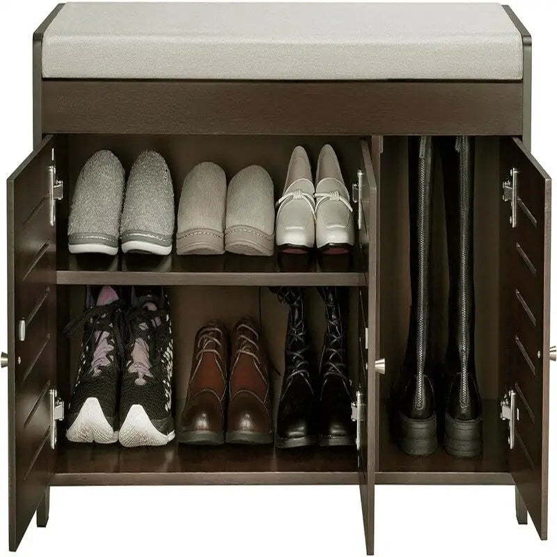 Banc à chaussures blanc/marron en bambou avec coussin – 1 à 2 places