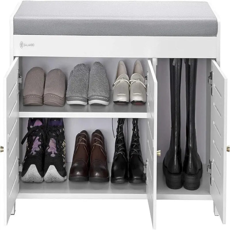 Banc à chaussures blanc/marron en bambou avec coussin – 1 à 2 places