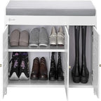 Banc à chaussures blanc/marron en bambou avec coussin – 1 à 2 places