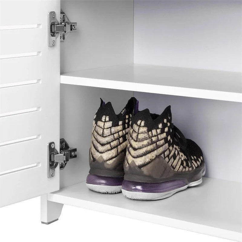 Banc à chaussures blanc/marron en bambou avec coussin – 1 à 2 places