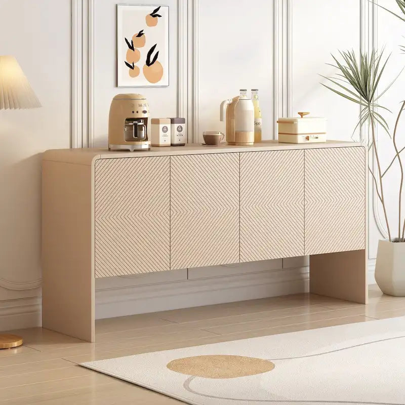 Buffet 4 portes de 152 cm, Crème/Blanc, Étagères réglables, 2 côtés d'assise