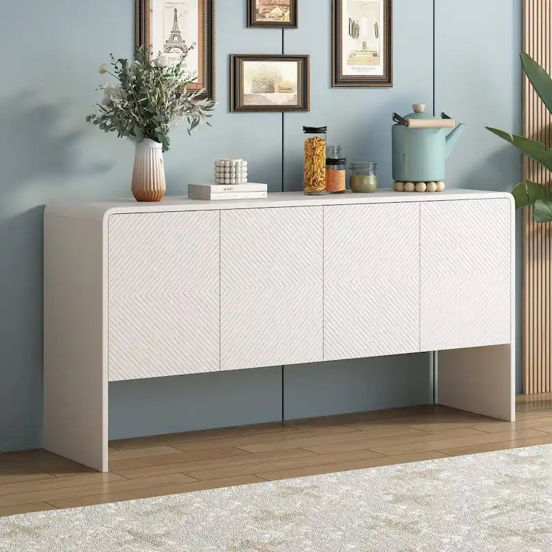 Buffet 4 portes de 152 cm, Crème/Blanc, Étagères réglables, 2 côtés d'assise