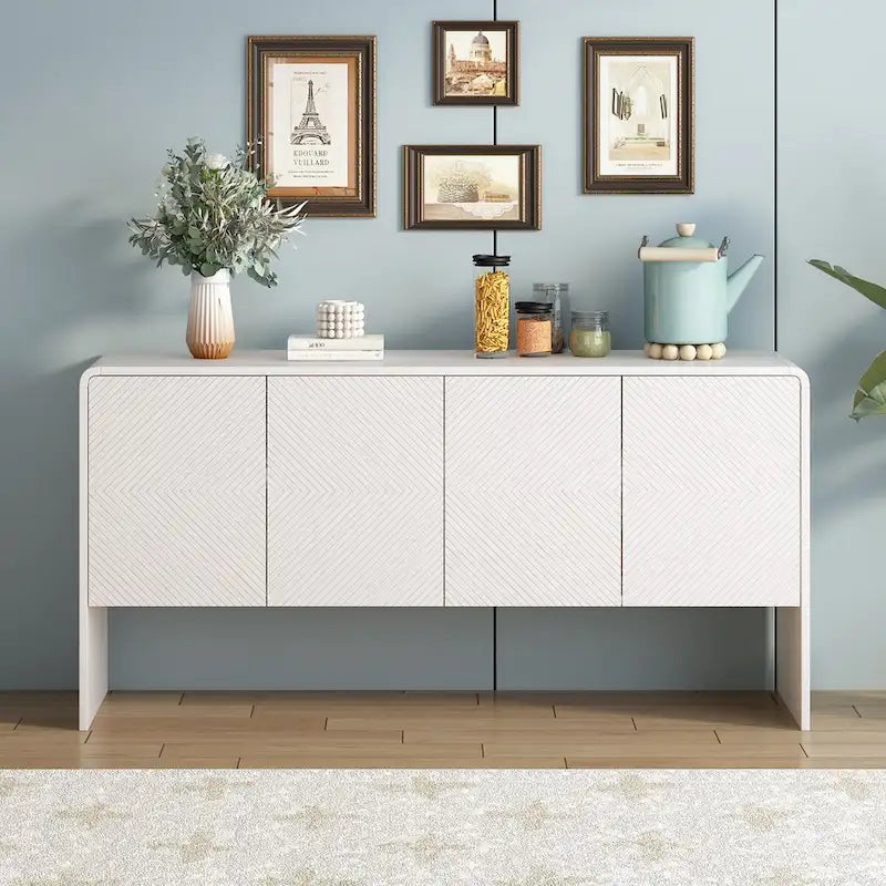 Buffet 4 portes de 152 cm, Crème/Blanc, Étagères réglables, 2 côtés d'assise