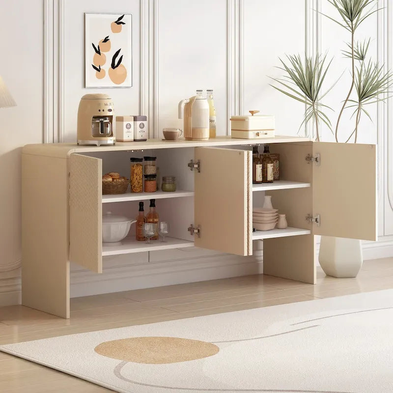 Buffet 4 portes de 152 cm, Crème/Blanc, Étagères réglables, 2 côtés d'assise