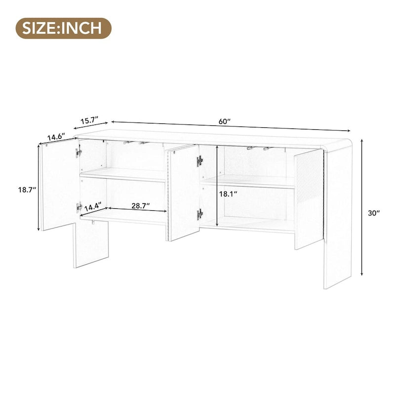 Buffet 4 portes de 152 cm, Crème/Blanc, Étagères réglables, 2 côtés d'assise