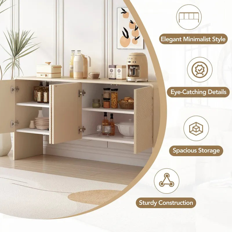Buffet 4 portes de 152 cm, Crème/Blanc, Étagères réglables, 2 côtés d'assise