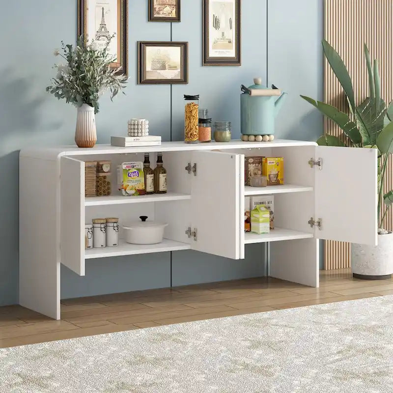 Buffet 4 portes de 152 cm, Crème/Blanc, Étagères réglables, 2 côtés d'assise