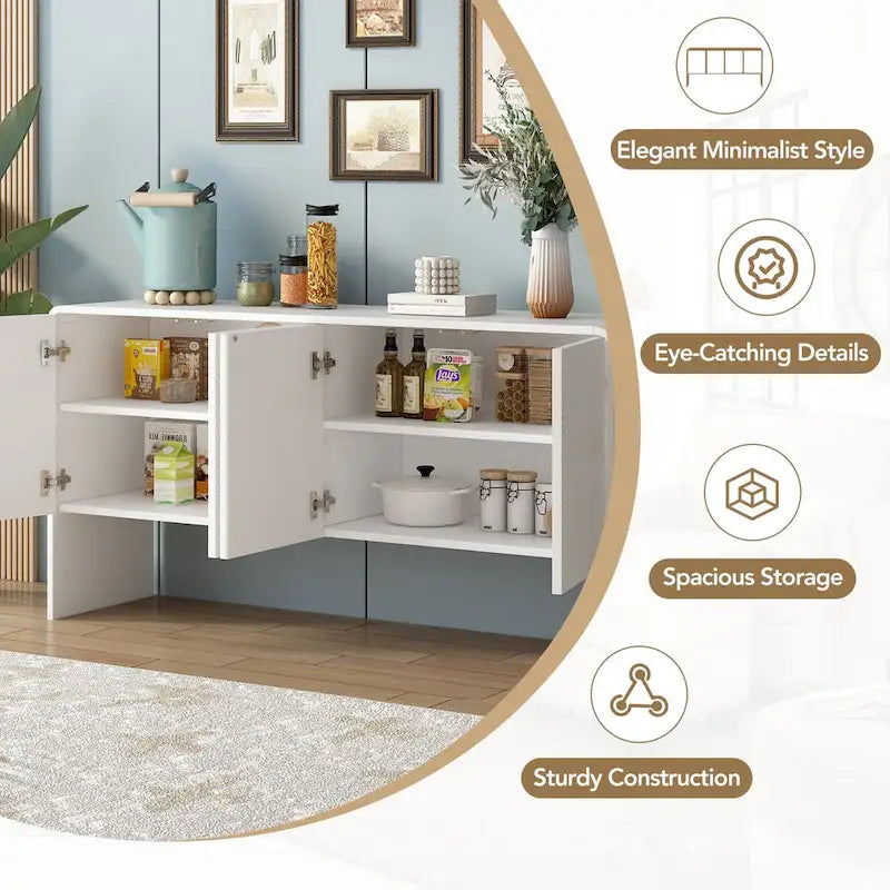 Buffet 4 portes de 152 cm, Crème/Blanc, Étagères réglables, 2 côtés d'assise