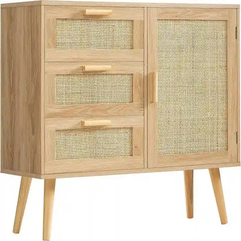 Armoire de rangement en rotin avec 3 tiroirs, coloris blanc / gris / naturel / marron rustique — Lot de 2