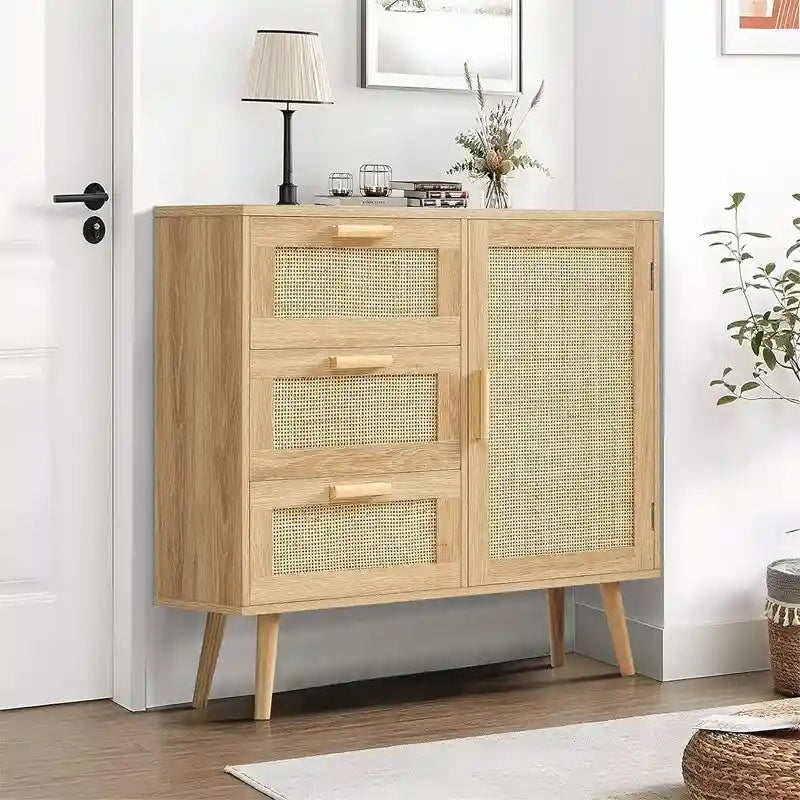 Armoire de rangement en rotin avec 3 tiroirs, coloris blanc / gris / naturel / marron rustique — Lot de 2