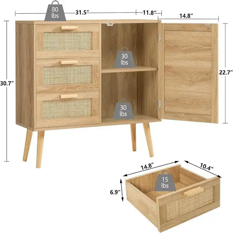 Armoire de rangement en rotin avec 3 tiroirs, coloris blanc / gris / naturel / marron rustique — Lot de 2