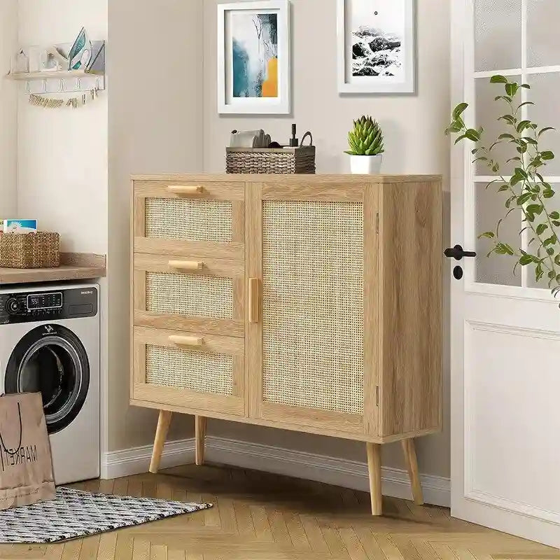 Armoire de rangement en rotin avec 3 tiroirs, coloris blanc / gris / naturel / marron rustique — Lot de 2