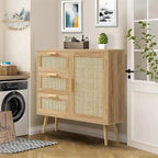 Armoire de rangement en rotin avec 3 tiroirs, coloris blanc / gris / naturel / marron rustique — Lot de 2
