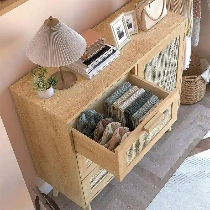 Armoire de rangement en rotin avec 3 tiroirs, coloris blanc / gris / naturel / marron rustique — Lot de 2