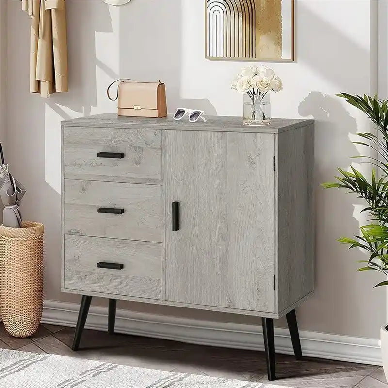 Armoire de rangement en rotin avec 3 tiroirs, coloris blanc / gris / naturel / marron rustique — Lot de 2