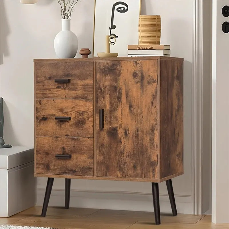 Armoire de rangement en rotin avec 3 tiroirs, coloris blanc / gris / naturel / marron rustique — Lot de 2
